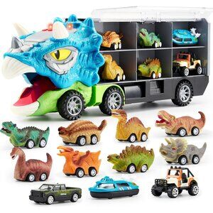 Kid's Boy Blue Dinosaur 13 In 1 Truck 12 Pull Back 3-5 Cars Toddlers Unique Toy